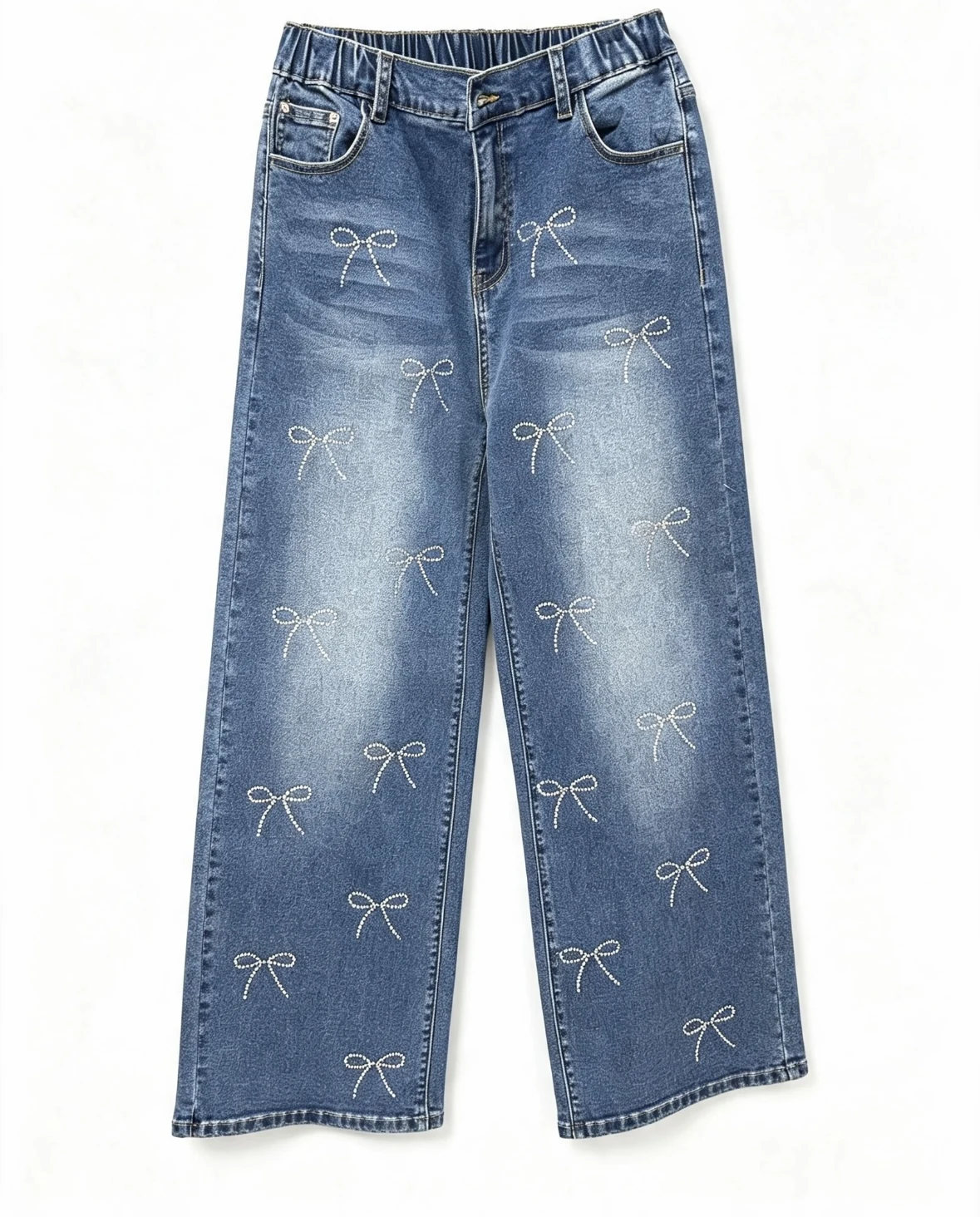 Blue straight-leg jeans with bow-shaped details