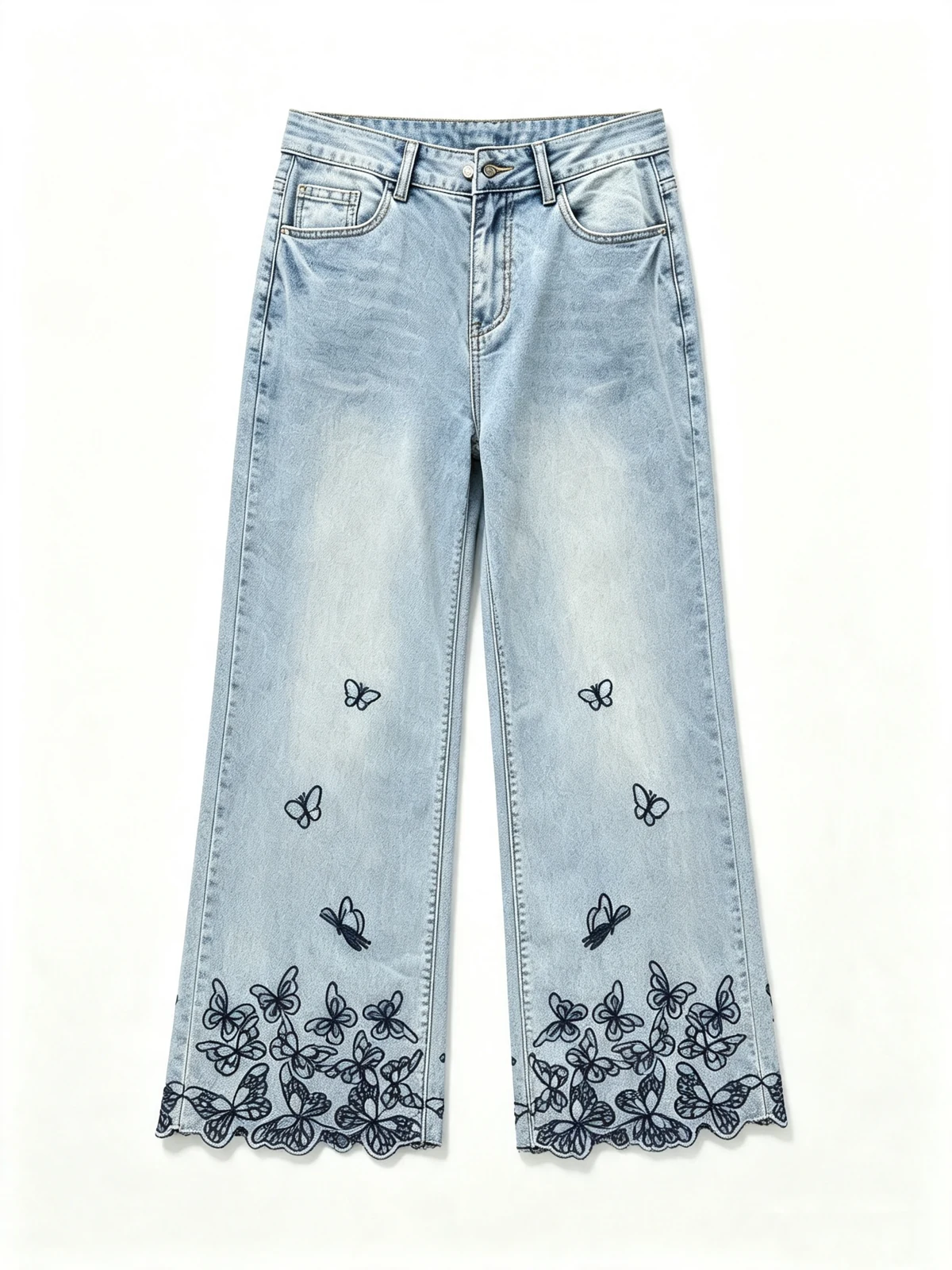 Light wash straight-leg jeans with butterfly embroidery