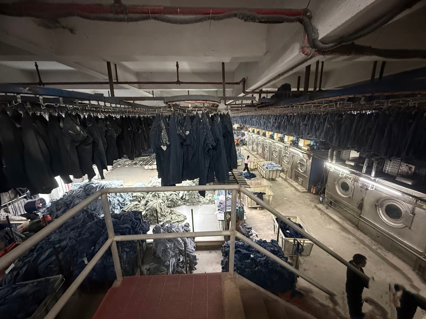 Overview of denim garments on overhead rails beside washing equipment
