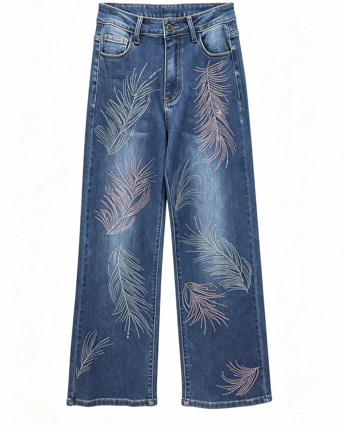 Dark blue wide-leg jeans with feather-shaped embellishment