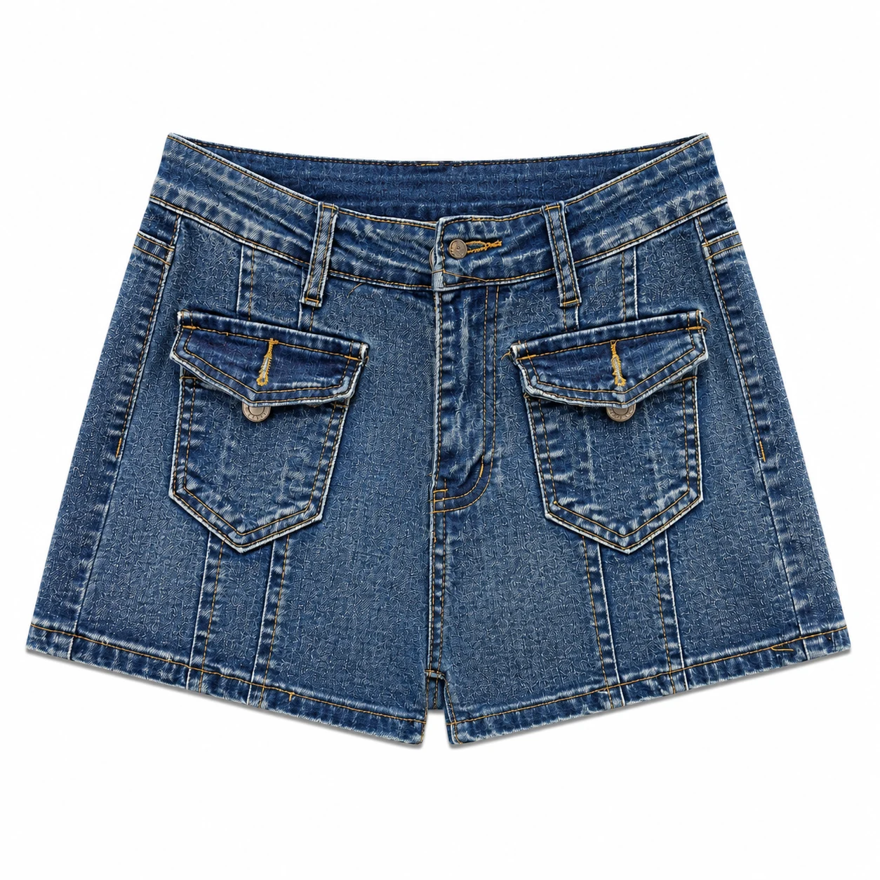 Blue denim shorts with flap pockets